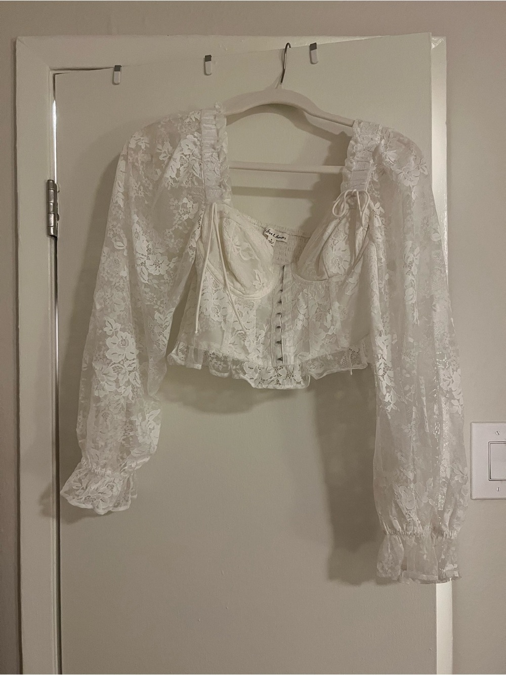 For Love & Lemons White Lace Corset Crop Top with Puff Sleeves